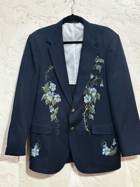 Navy Blue Hand Painted Floral Blazer size XL